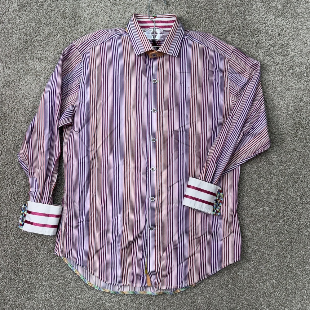 Robert Graham Button Front Shirt Mens Medium Purple Orange Striped Tailored Fit‎
